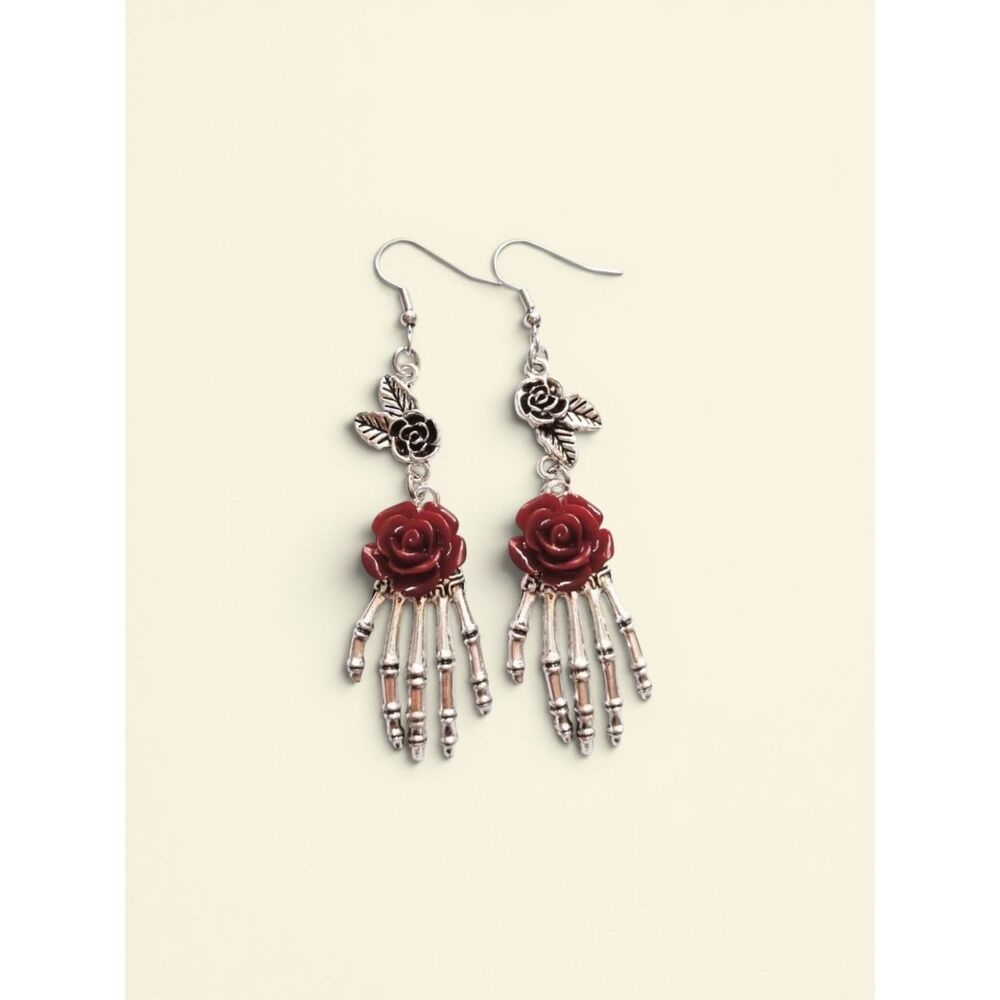 Gothic Skeleton Hand Red Rose Dangle Earrings Edgy Alt Halloween Jewelry